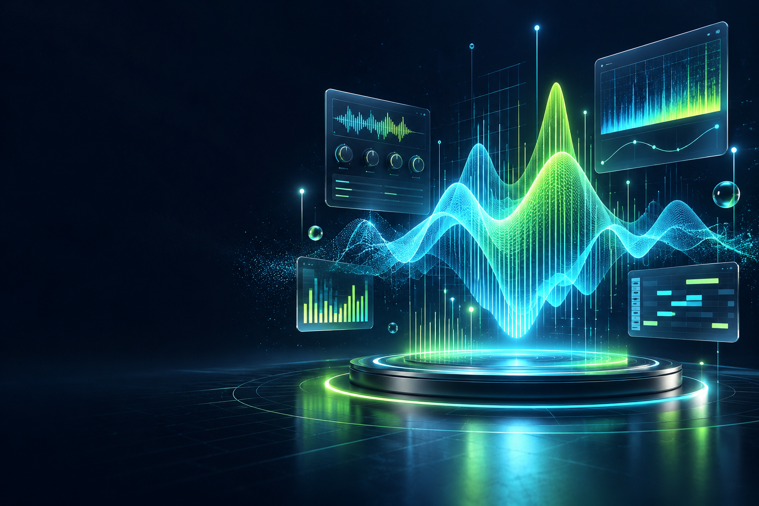 Abstract glowing audio waveforms and music production panels